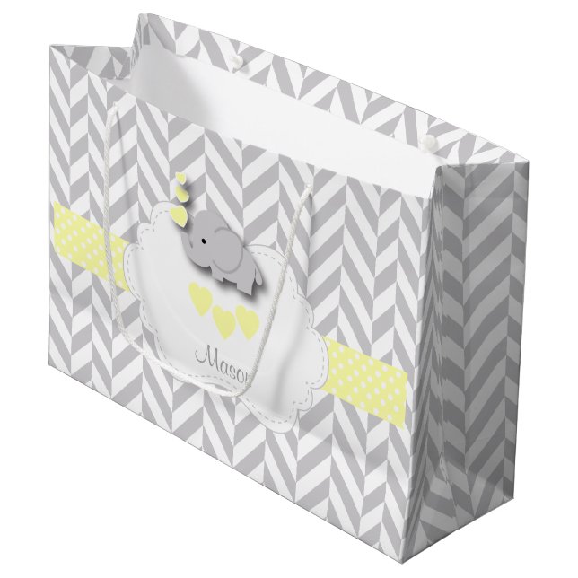Gelbes Elefantendesign - Babydusche Große Geschenktüte (Vorderseite Schrägansicht)