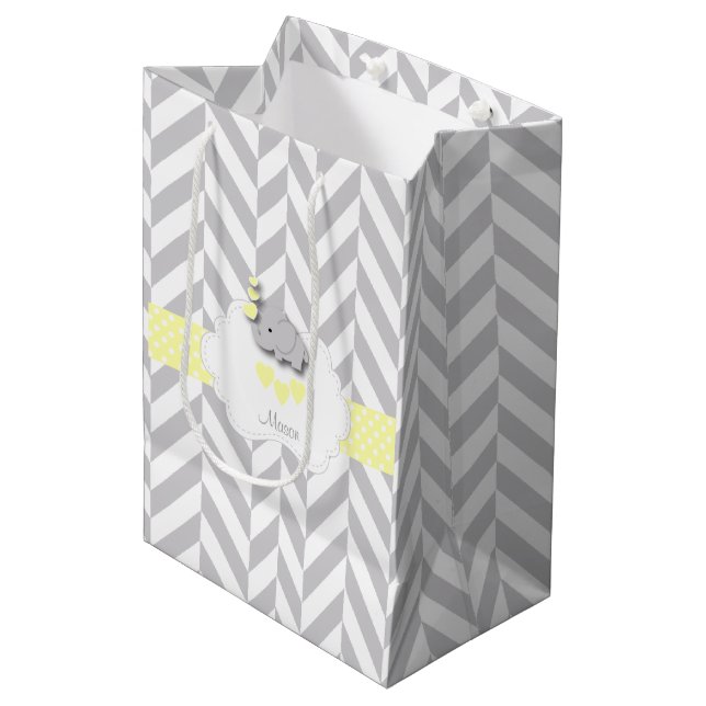 Gelbes Elefantendesign - Babydusche Mittlere Geschenktüte (Vorderseite Schrägansicht)