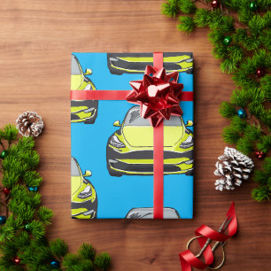 Gelbes Elektrofahrzeug SUV Auto blau Hintergrund Geschenkpapier