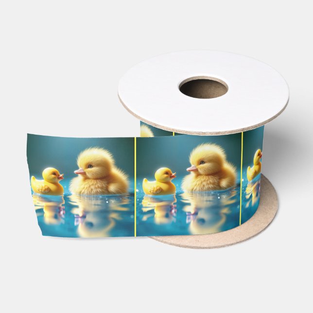 Gelbes Entenlein mit einer Spielzeug-Gummihaube Satinband (Spule)