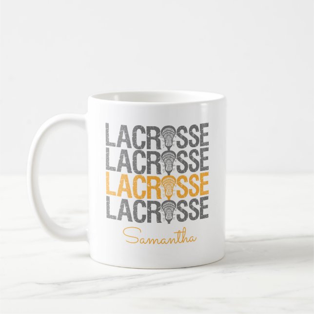 Gelbes erschüttertes Lacrosse Word Kaffeetasse (Links)