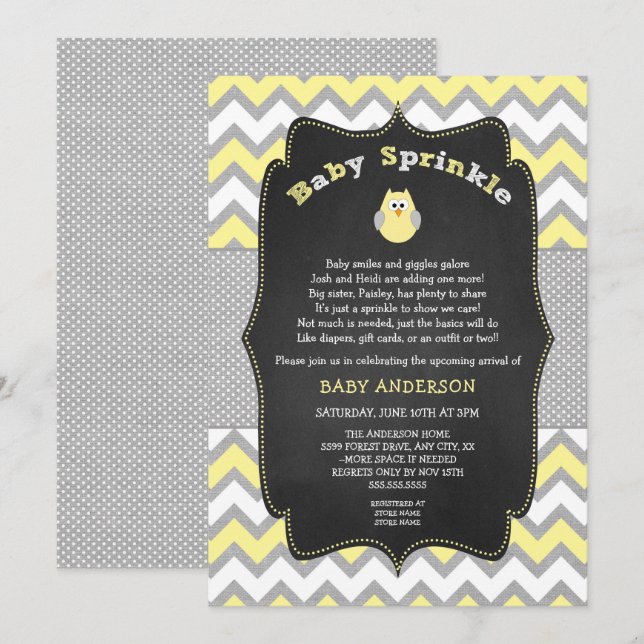 Gelbes Eule-Sprinkle, neutrale Babydusche Einladung (Vorne/Hinten)