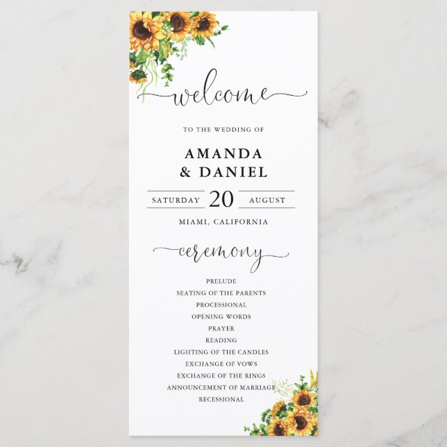 Gelbes florales Hochzeitsprogramm Programm (Vorderseite)