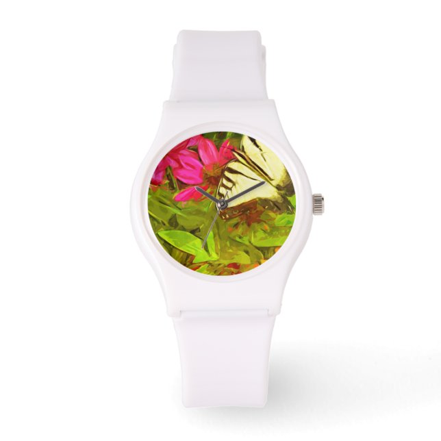 Gelbes Frack Schmetterling auf Blume Abstrakt Armbanduhr (Vorderseite)