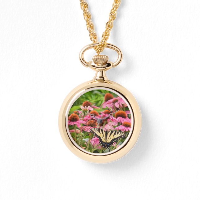 Gelbes Frack Schmetterling auf Echinacea Armbanduhr (Vorderseite)