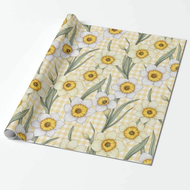 Gelbes Gingham-Narzissen-Blumenmuster Geschenkpapier (Ungerollt)