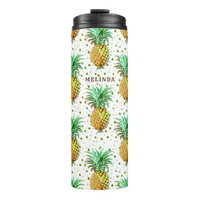 Gelbes Gold und grünes Ananas Muster. Thermosbecher (Vorderseite)