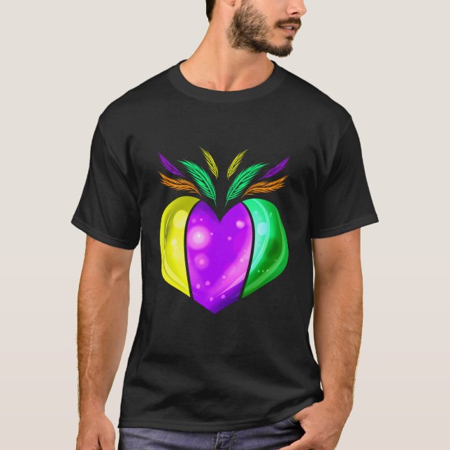 Gelbes goldenes Lila und grünes Herz für Mardi Gra T-Shirt (Vorderseite)