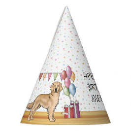 Gelbes goldenes Retriever farbenfrohes Happy Birth Partyhütchen