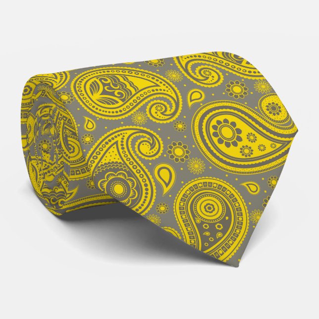 Gelbes, grau-elegantes Vintages Paisley-Muster Krawatte (Gerollt)