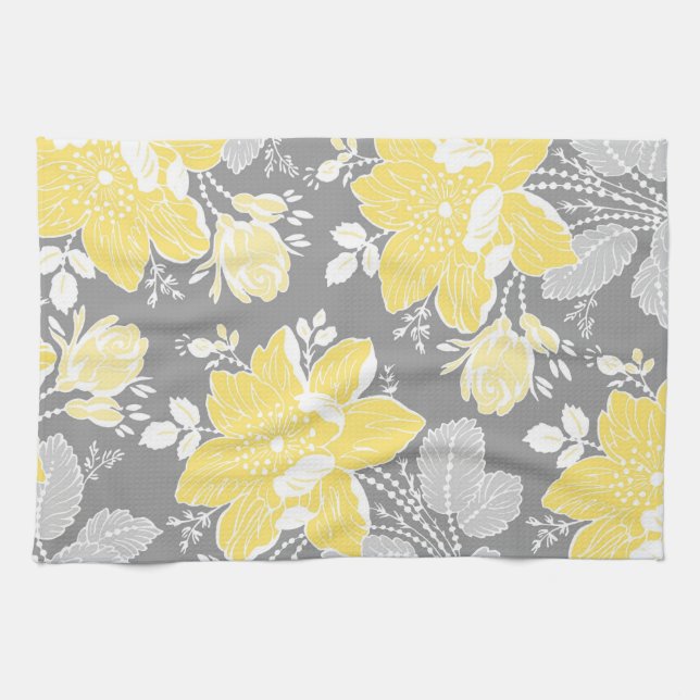 Gelbes graues Blumenküchen-Stoff-Tuch Geschirrtuch (Horizontal)