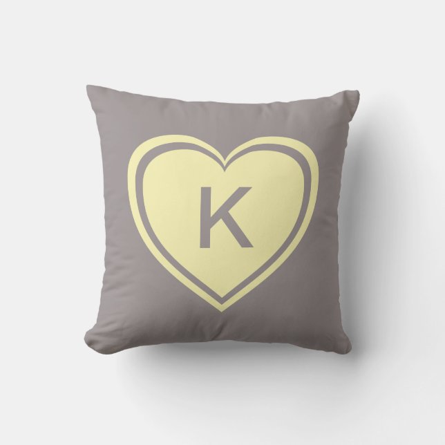 Gelbes graues Herzmonogramm Valentinstag Kissen (Vorderseite)