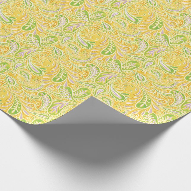 Gelbes Grün Paisleys und lila Muster Geschenkpapier (Ecke)