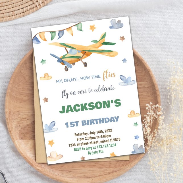 Gelbes grünes Flugzeug - Einladung zum Geburtstag (Yellow Green Airplane Birthday Invitations)