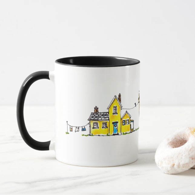 Gelbes Haus mit Wäsche Tasse (Mit Donut)