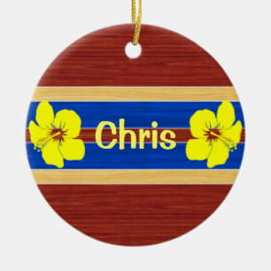 Gelbes Hibiskus-Fake-Holz-Surfbrett Keramikornament