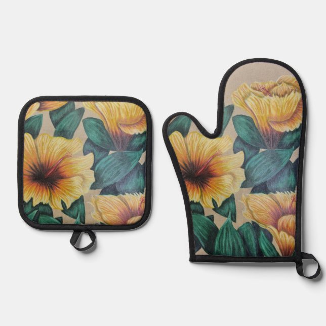 Gelbes Hibiskus Ofen Mitt Set (Vorderseite)
