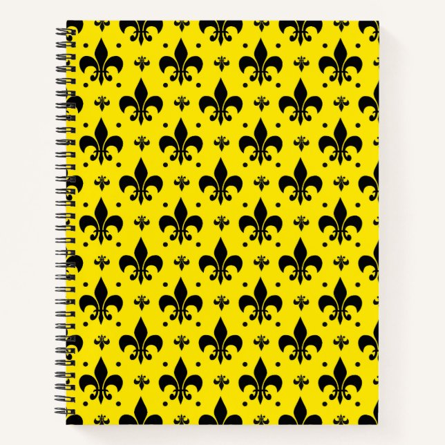 Gelbes Hintergrund Fleur-de-lis-Muster Notizbuch (Vorderseite)