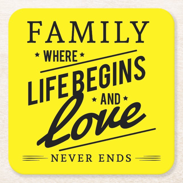 Gelbes inspirierend Typografie-Familien-Zitat Rechteckiger Pappuntersetzer (Vorderseite)