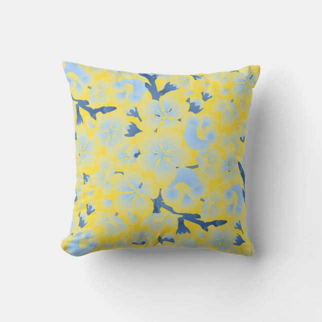 Gelbes Kissen im Freien mit blauen Blumen (Vorderseite)