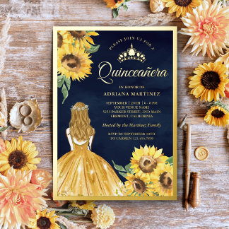 Gelbes Kleid Sonnenblumen Navy Blue Quinceanera Go Folieneinladung