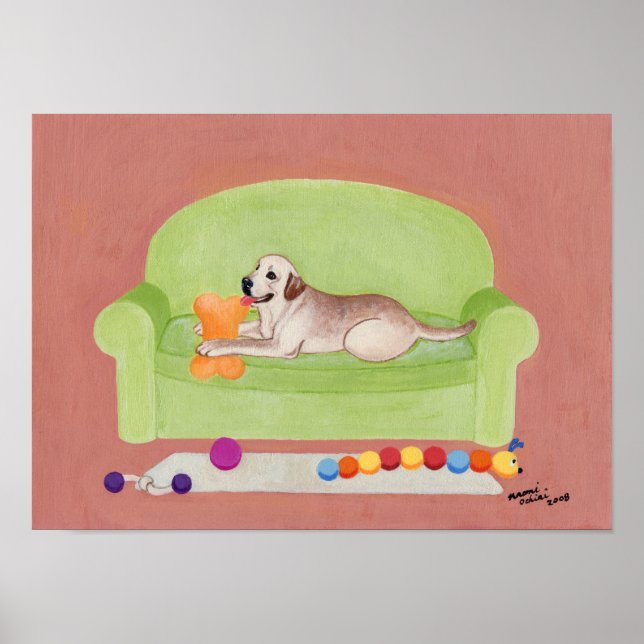 Gelbes Labrador auf dem Green Couch Artwork Poster (Vorne)