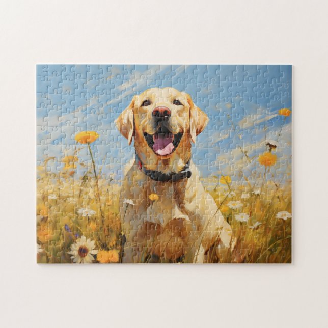 Gelbes Labrador bei Blume (Horizontal)