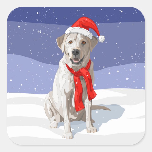 Gelbes Labrador Retriever in der Weihnachtsmannmüt Quadratischer Aufkleber (Vorderseite)
