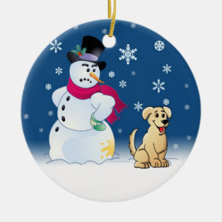 Gelbes Labrador retriever und Schneemann Keramikornament