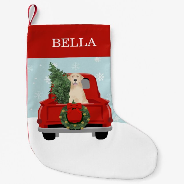 Gelbes Labrador Roter Weihnachtswagen Kleiner Weihnachtsstrumpf (Vorderseite)