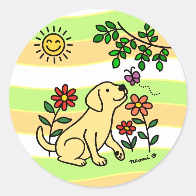 Gelbes Labrador und Grün Runder Aufkleber (Vorderseite)