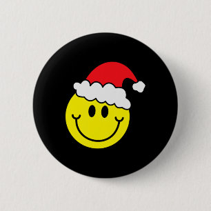 Gelbes Lächeln Gesicht Weihnachten Shirt Santa Hut Button