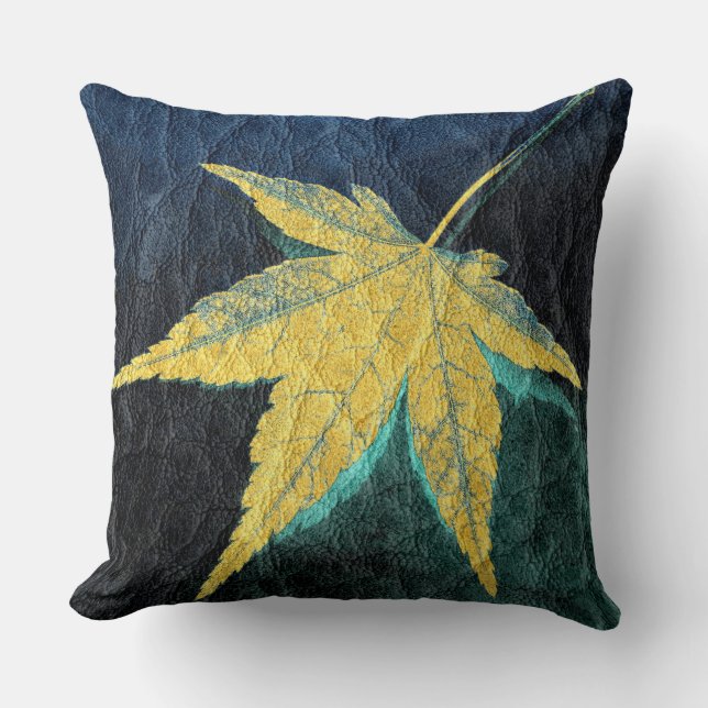 Gelbes Leaf auf blauem Leder Kissen (Vorderseite)