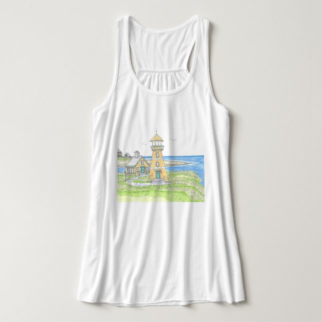 Gelbes Leuchtturm Tank Top; Ocean Blue Top (Design Vorderseite)