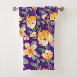 Gelbes Lila Blumenmuster Modernes Badhandtuch Set