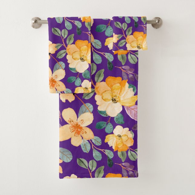 Gelbes Lila Blumenmuster Modernes Badhandtuch Set (Insitu)