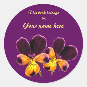 Gelbes Lila Pansy Blume Blumenstrauß Buchzeichen Runder Aufkleber
