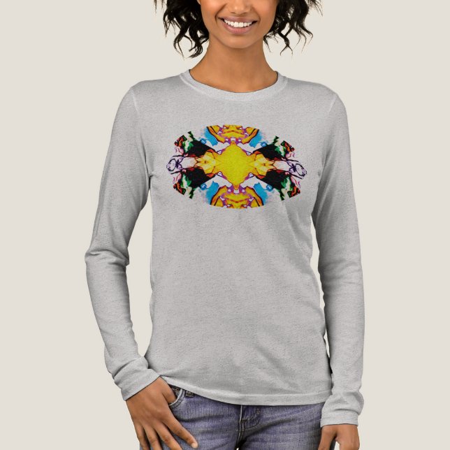 Gelbes Mandala-Design mit blauschwarz-orangefarben Tri-Blend Shirt (Vorderseite)