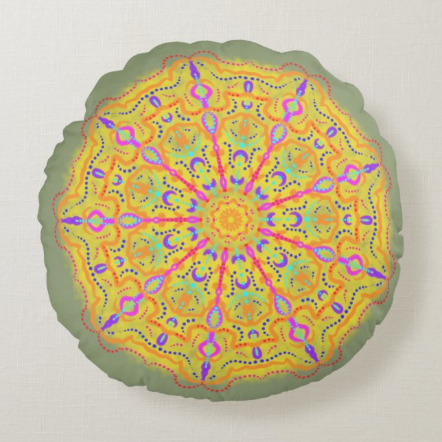 Gelbes Mandala mit rosa Geometrie Rundes Kissen (Vorderseite)