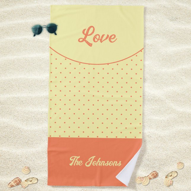 Gelbes Mittelalter Peach Retro Dots Sommerferien L Strandtuch (Love Retro Dots Yellow Peach Mid Century 50s 60s Beach Towel ©Susanne Sachers - Sunny Mind Design)