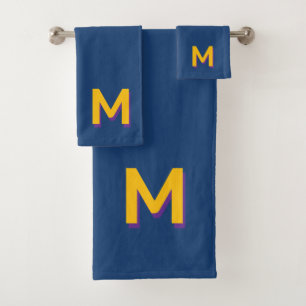 Gelbes Monogramm auf dunkelblauem Badehandtuch-Set Badhandtuch Set