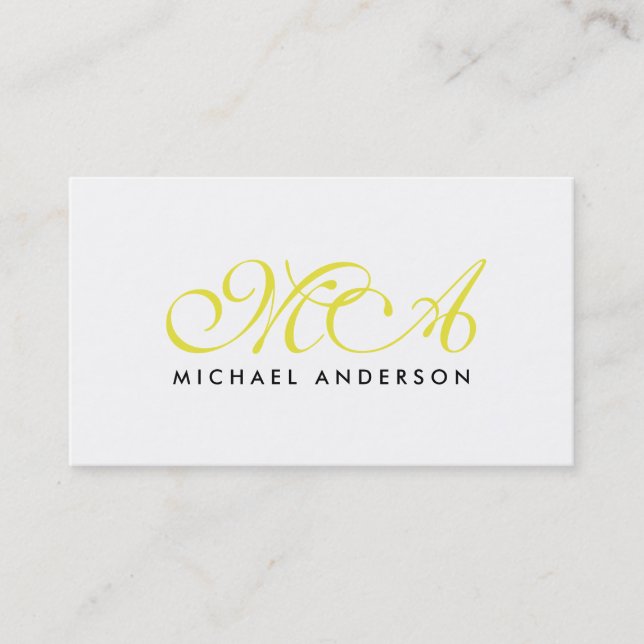 Gelbes Monogramm Elegantes Script Schlicht Weiß Visitenkarte (Vorderseite)