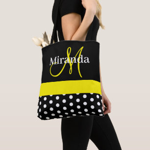 Gelbes Monogramm Schwarz mit weißen Polka-Punkten Tasche