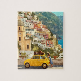 Gelbes Oldtimer-Auto und Amalfi-Küsten-Puzzle