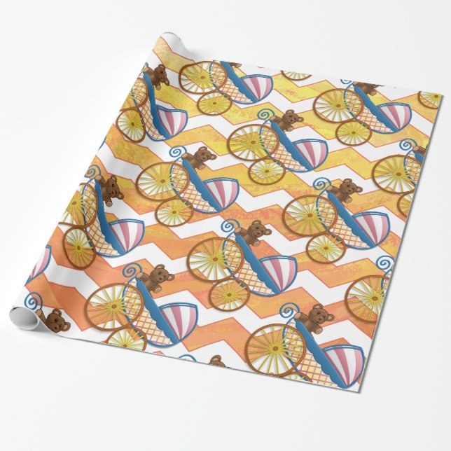 Gelbes, orangefarbenes Zickzack Baby Carriage Patt Geschenkpapier (Ungerollt)