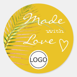 Gelbes Palmblätterblatt aus Liebe-Logo-Vorlage Runder Aufkleber