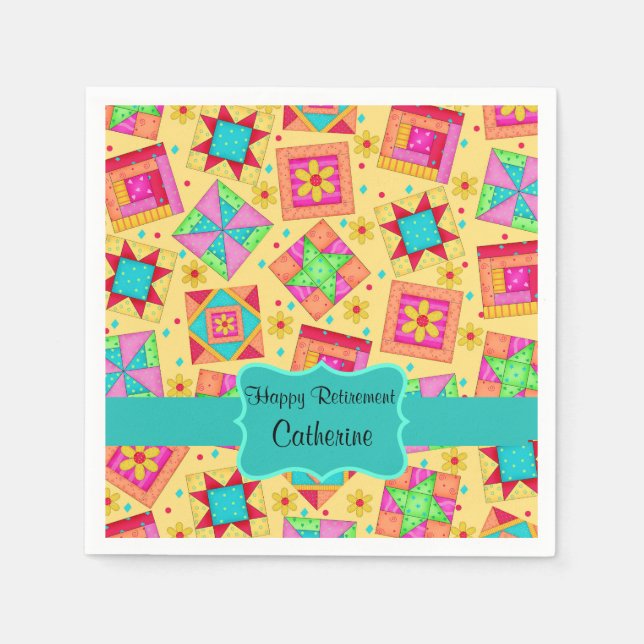 Gelbes Patchwork Quilt Blockname Happy Retirement Serviette (Vorderseite)