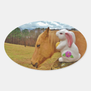 Gelbes Pferd, Frühlingshasen Ovaler Aufkleber