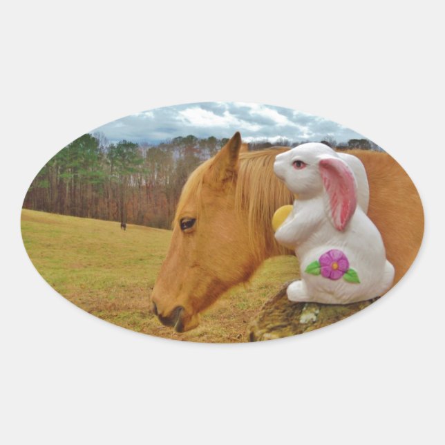 Gelbes Pferd, Frühlingshasen Ovaler Aufkleber (Vorderseite)