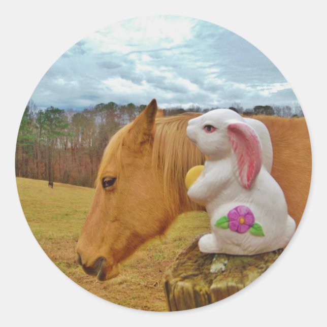 Gelbes Pferd, Frühlingshasen Runder Aufkleber (Vorderseite)